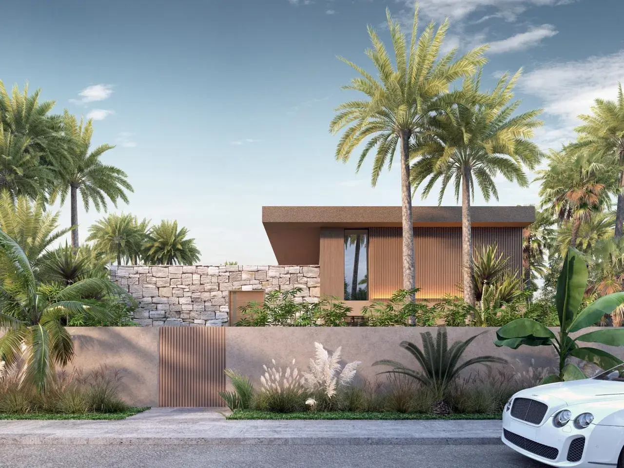 Entrée d'une villa : mur de pierre, portail à claire-voie et palmiers