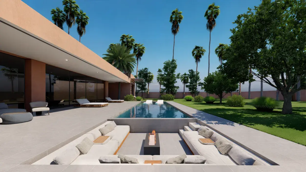 Salon extérieur creusé au bord de la piscine d'une villa Tifawin