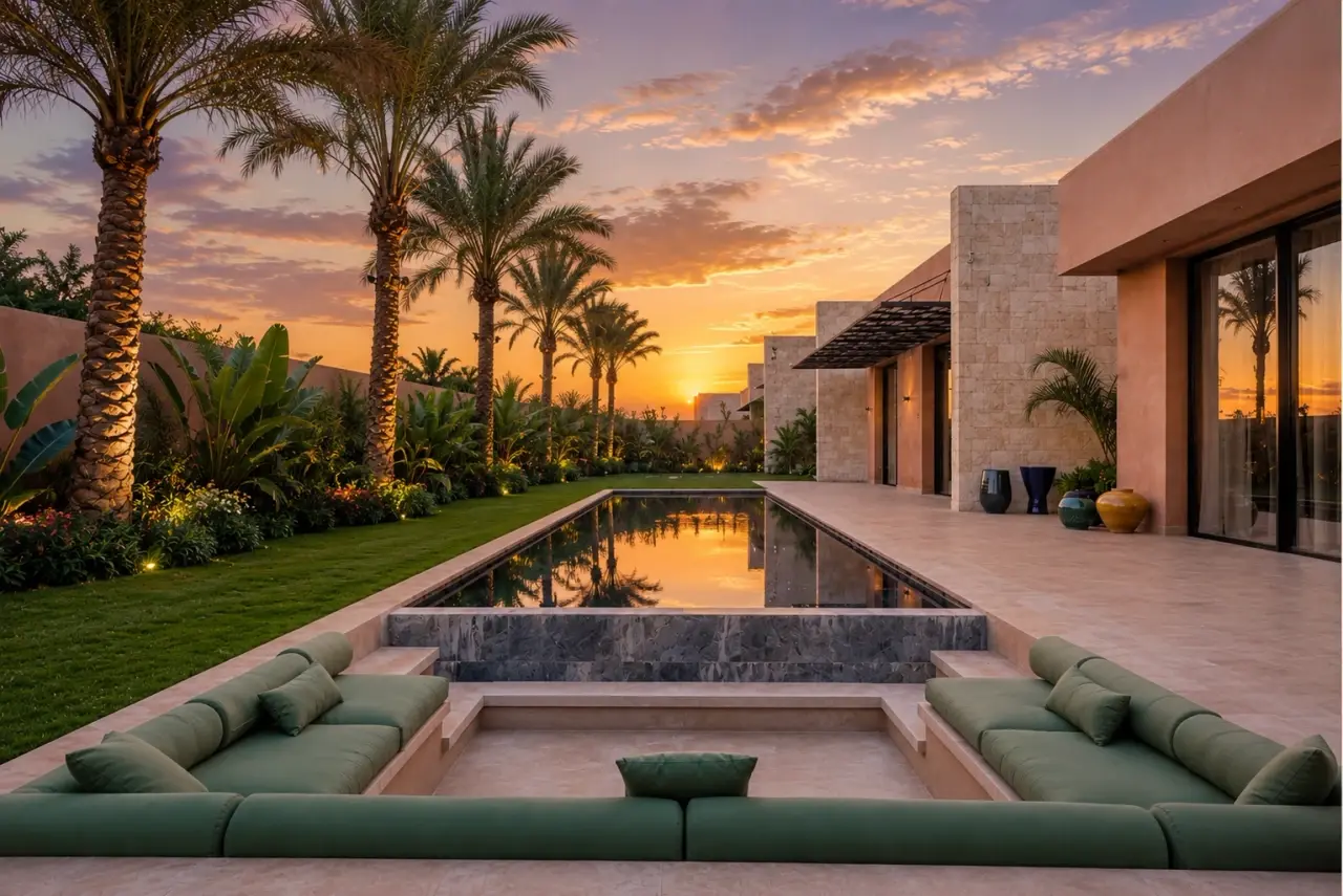 Contemporary terracotta villa, infinity pool and the Atlas mountains in the background